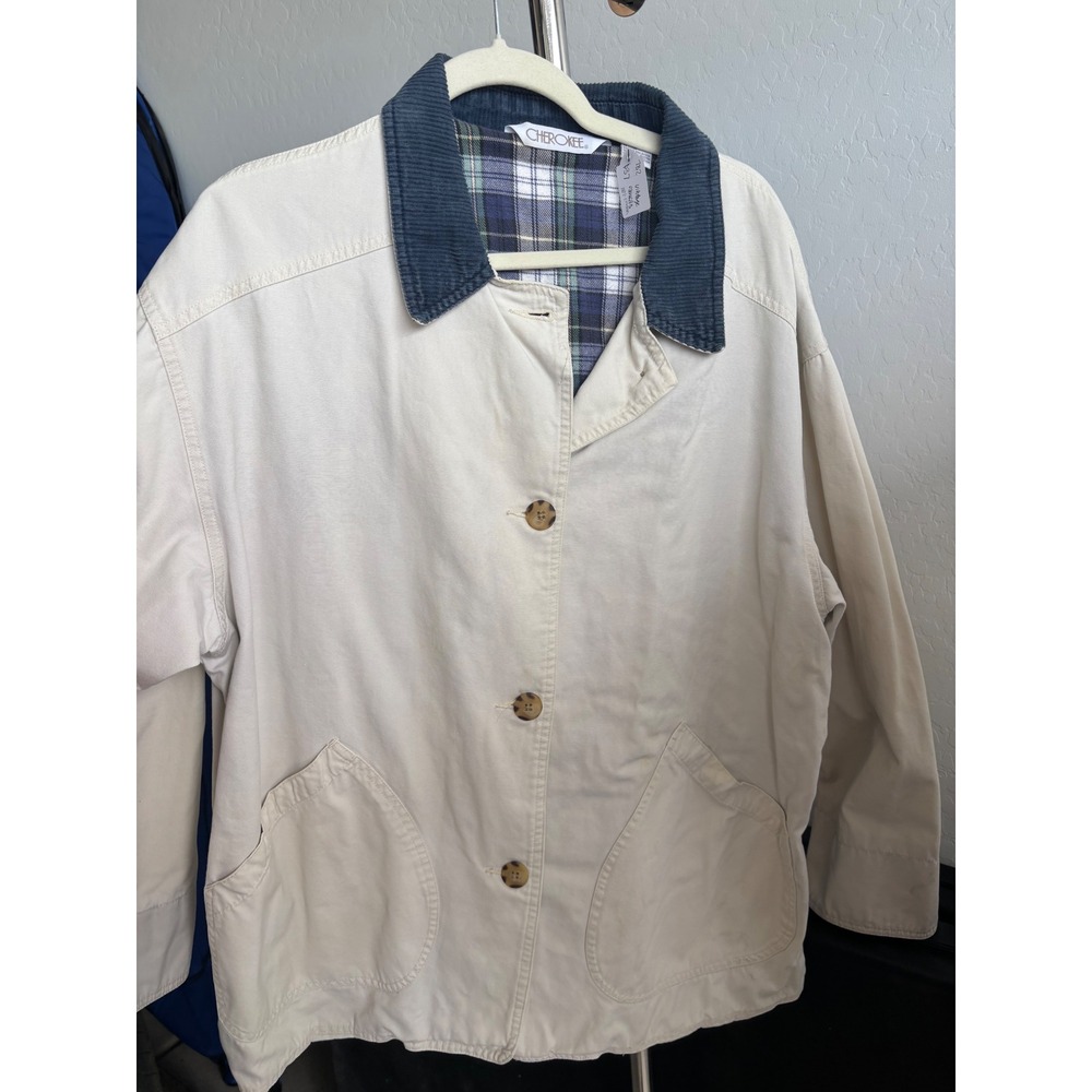 Vintage Barn Jacket Canvas Work Coat Corduroy Collar Plaid Lined Cream Large